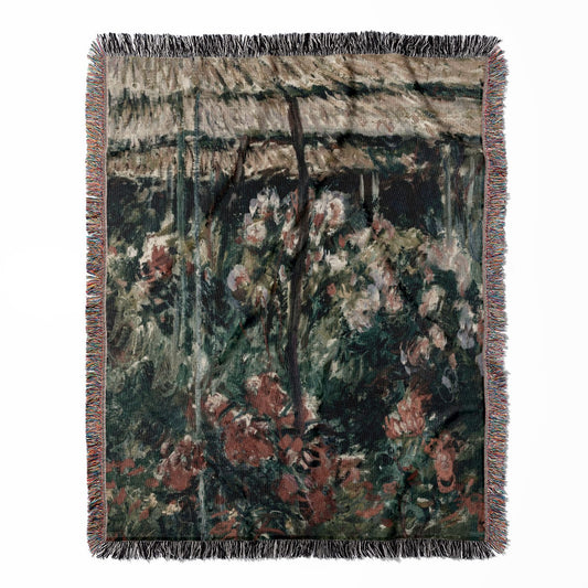 Muted Flowers woven throw blanket, crafted from 100% cotton, delivering a soft and cozy texture with a peony garden by Monet design for home decor.