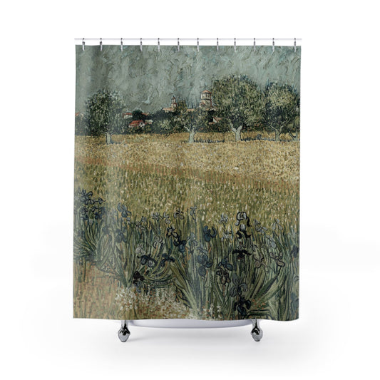 Muted Landscape Shower Curtain with peaceful Van Gogh design, serene bathroom decor featuring Van Gogh's tranquil landscapes.