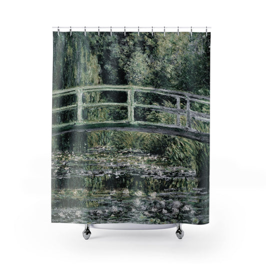 Muted Sage Green Shower Curtain with Claude Monet design, elegant bathroom decor featuring Monet's sage green artwork.