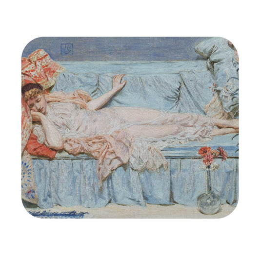 Napping Mouse Pad showcasing sleeping on a blue couch theme, ideal for desk and office decor.