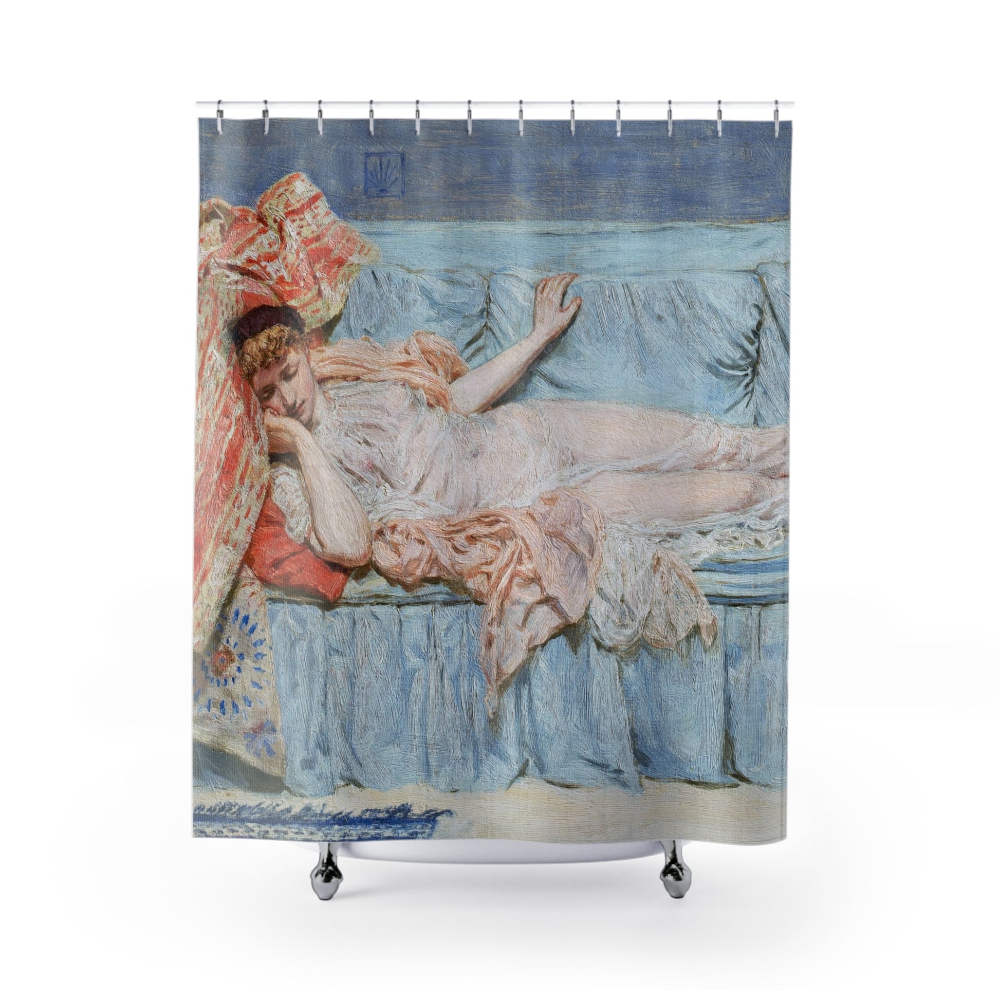 Napping Shower Curtain with sleeping on a blue couch design, relaxing bathroom decor featuring a serene napping scene.