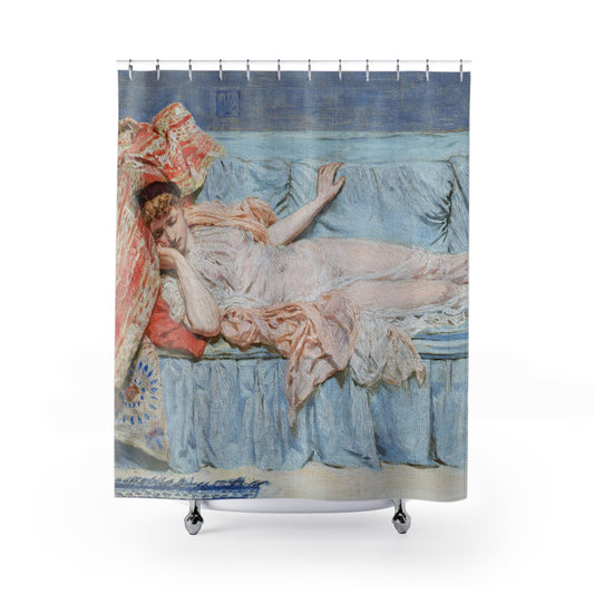 Napping Shower Curtain with sleeping on a blue couch design, relaxing bathroom decor featuring a serene napping scene.