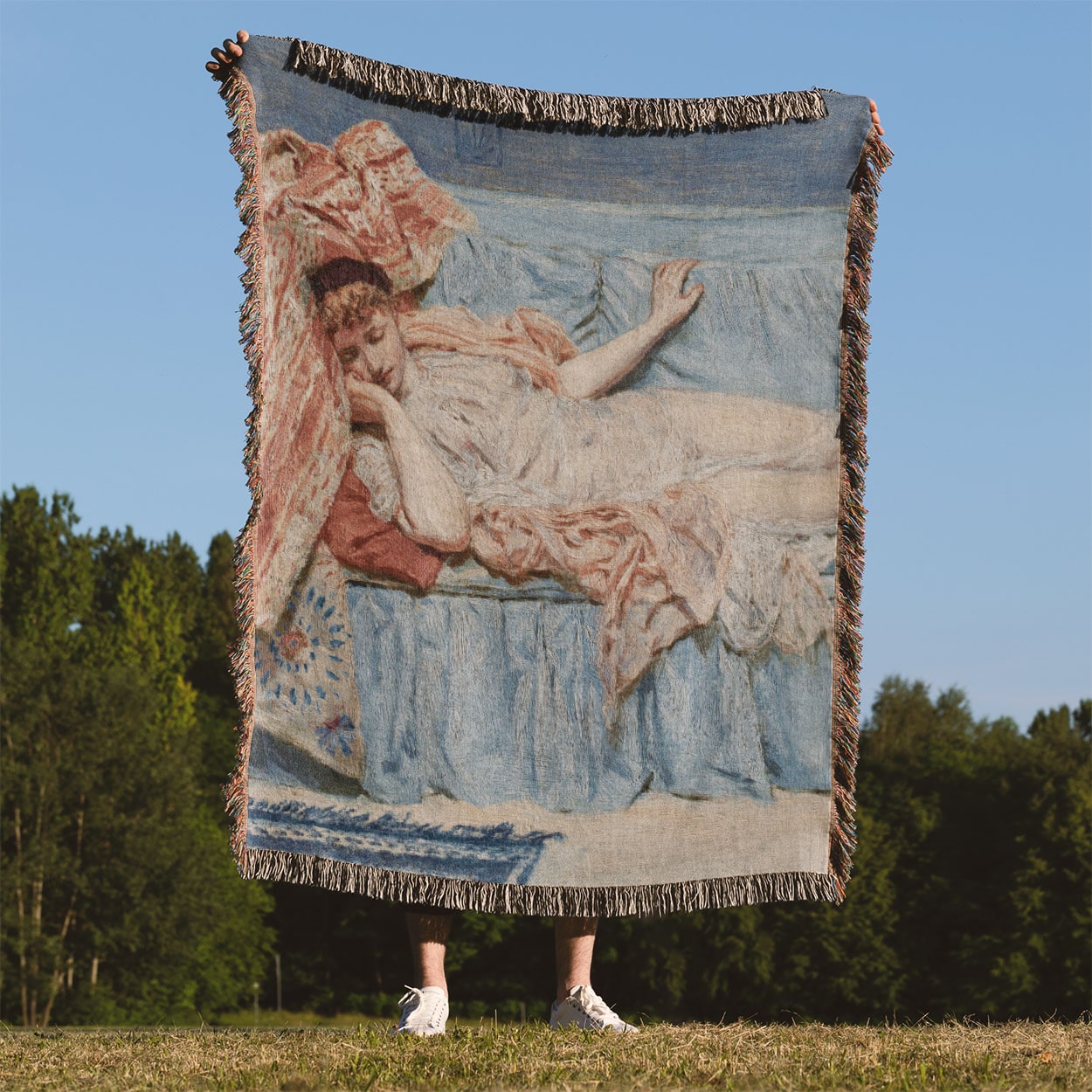 Napping Woven Throw Blanket Held Up Outside