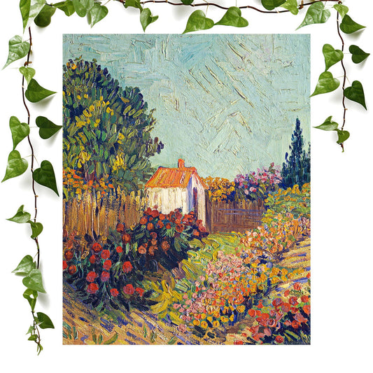 Nature art print of a vibrant Van Gogh landscape with a flower garden, small house, and lush tree. Perfect vintage wall art for home decor.