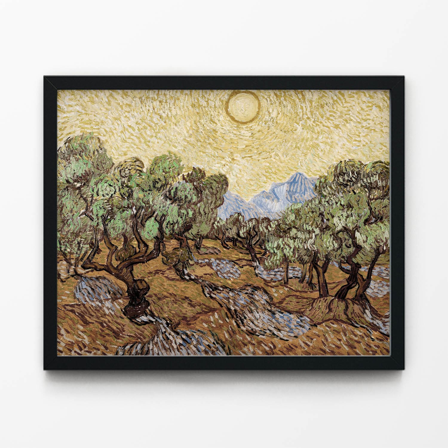 Sun and Trees Painting in Black Picture Frame