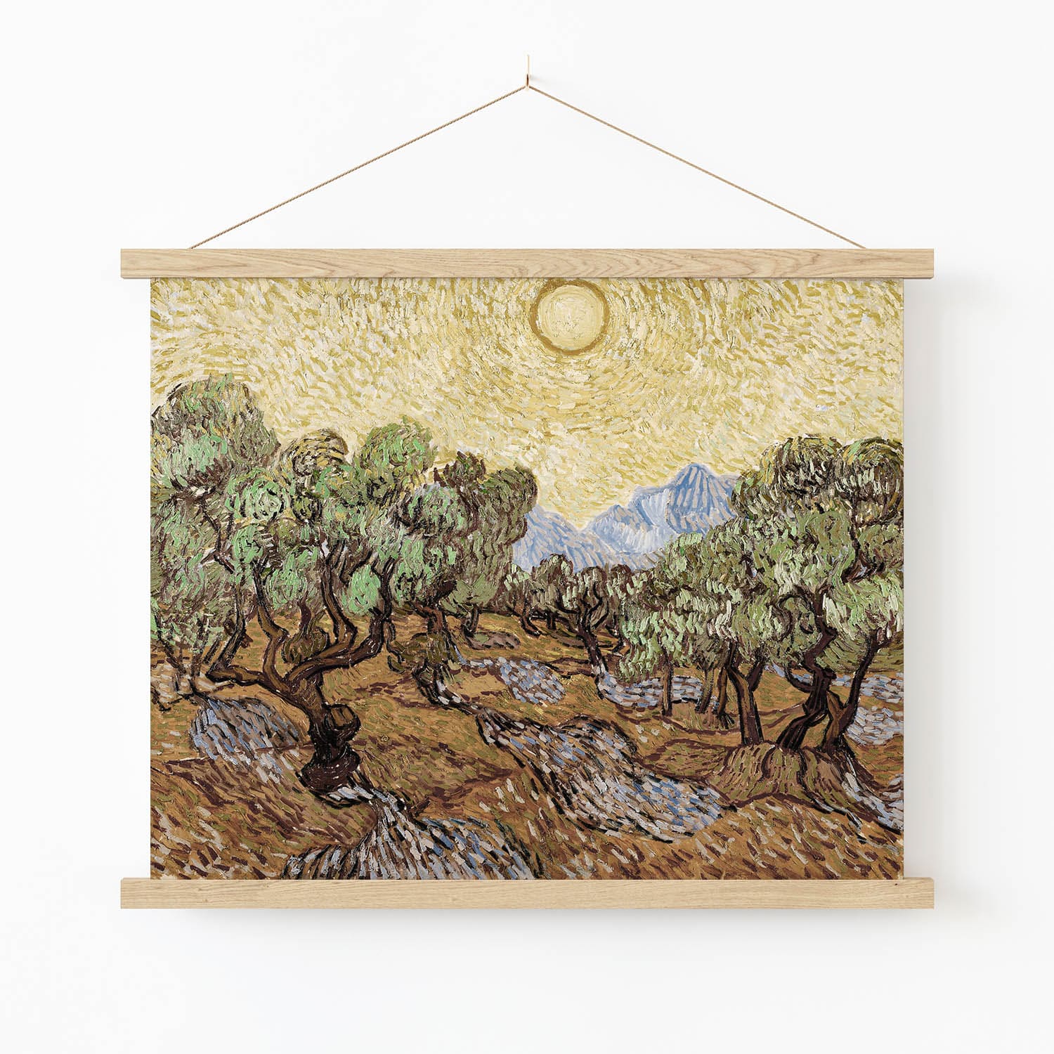 Sun and Trees Art Print in Wood Hanger Frame on Wall