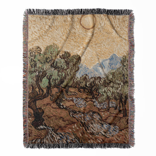 Nature woven throw blanket, made of 100% cotton, offering a soft and cozy texture with a sun and trees theme for home decor.