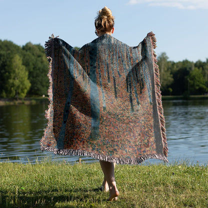 Nature Woven Throw Blanket Held on a Woman's Back Outside