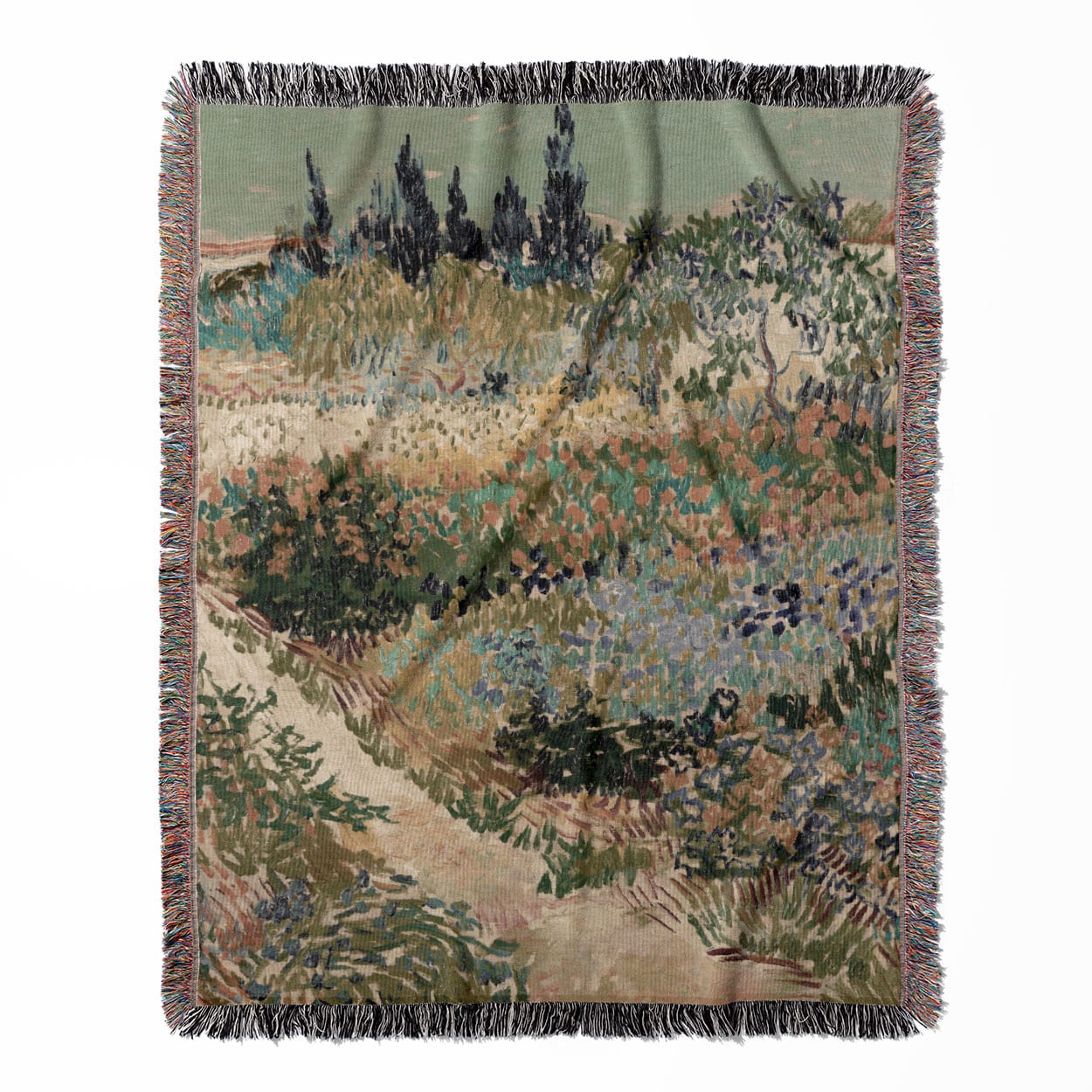 Nature Landscape woven throw blanket, constructed from 100% cotton, providing a soft and cozy texture with a Vincent Van Gogh landscape for home decor.