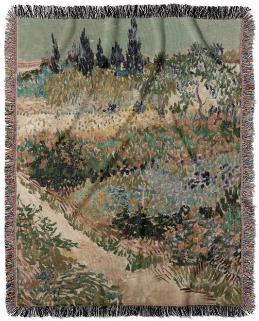 Nature Landscape woven throw blanket, constructed from 100% cotton, providing a soft and cozy texture with a Vincent Van Gogh landscape for home decor.