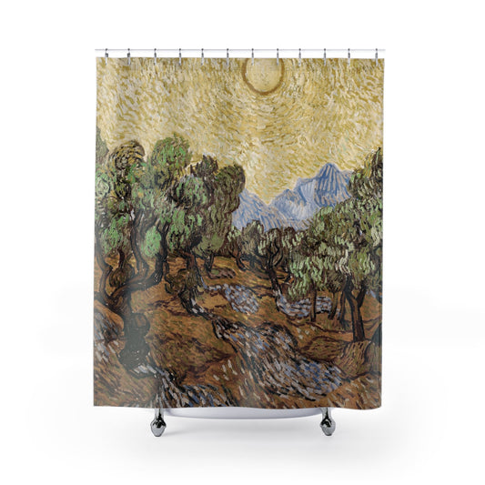 Nature Shower Curtain with sun and trees design, nature-inspired bathroom decor showcasing serene landscapes.