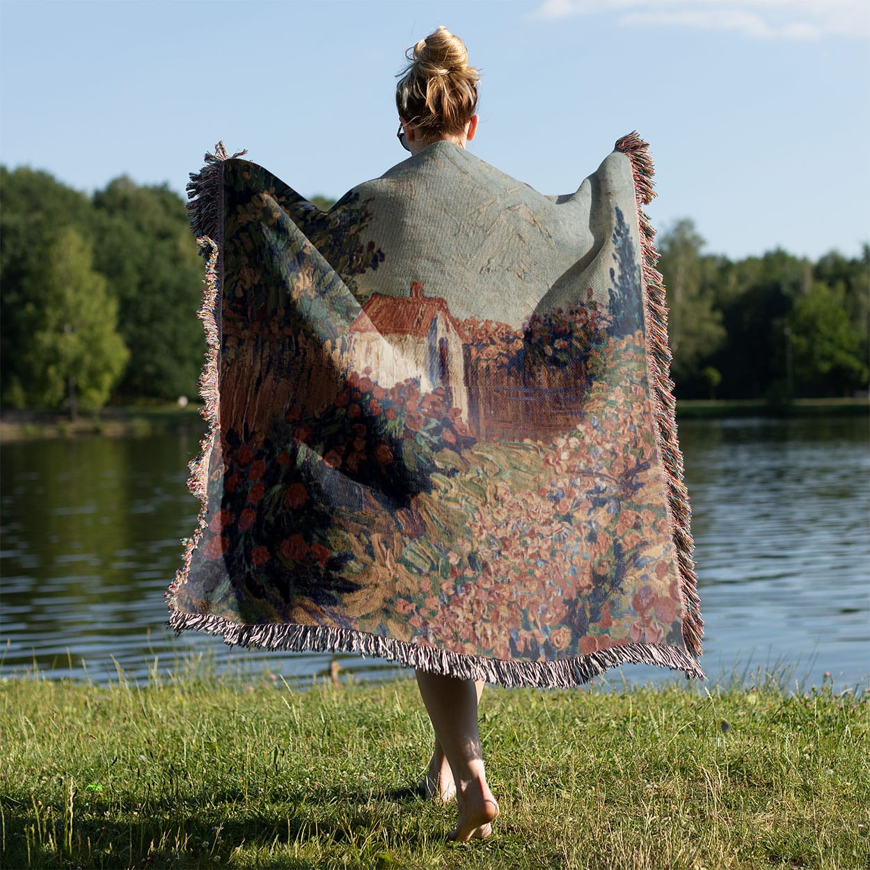 Nature Woven Blanket Held Up Outside