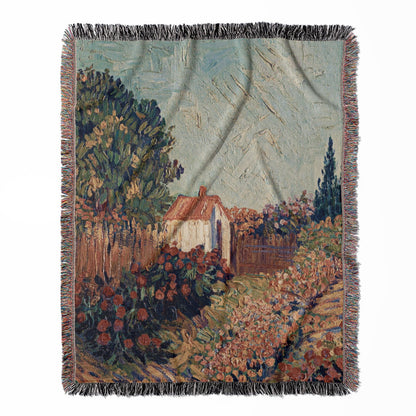 Nature woven throw blanket, constructed from 100% cotton, offering a soft and cozy texture with a Van Gogh landscape design for home decor.