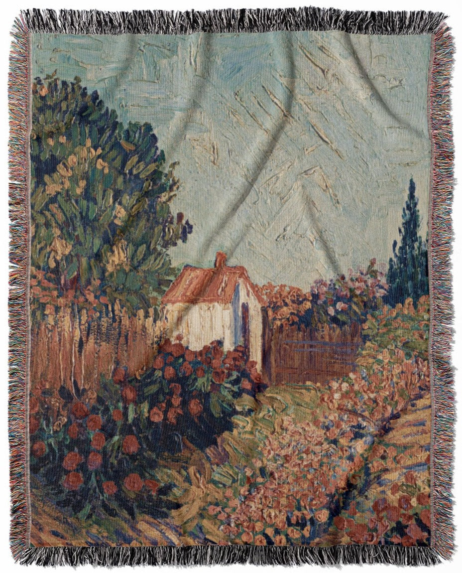 Nature woven throw blanket, constructed from 100% cotton, offering a soft and cozy texture with a Van Gogh landscape design for home decor.