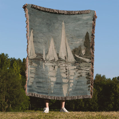 Nautical Woven Blanket Held on a Woman's Back Outside