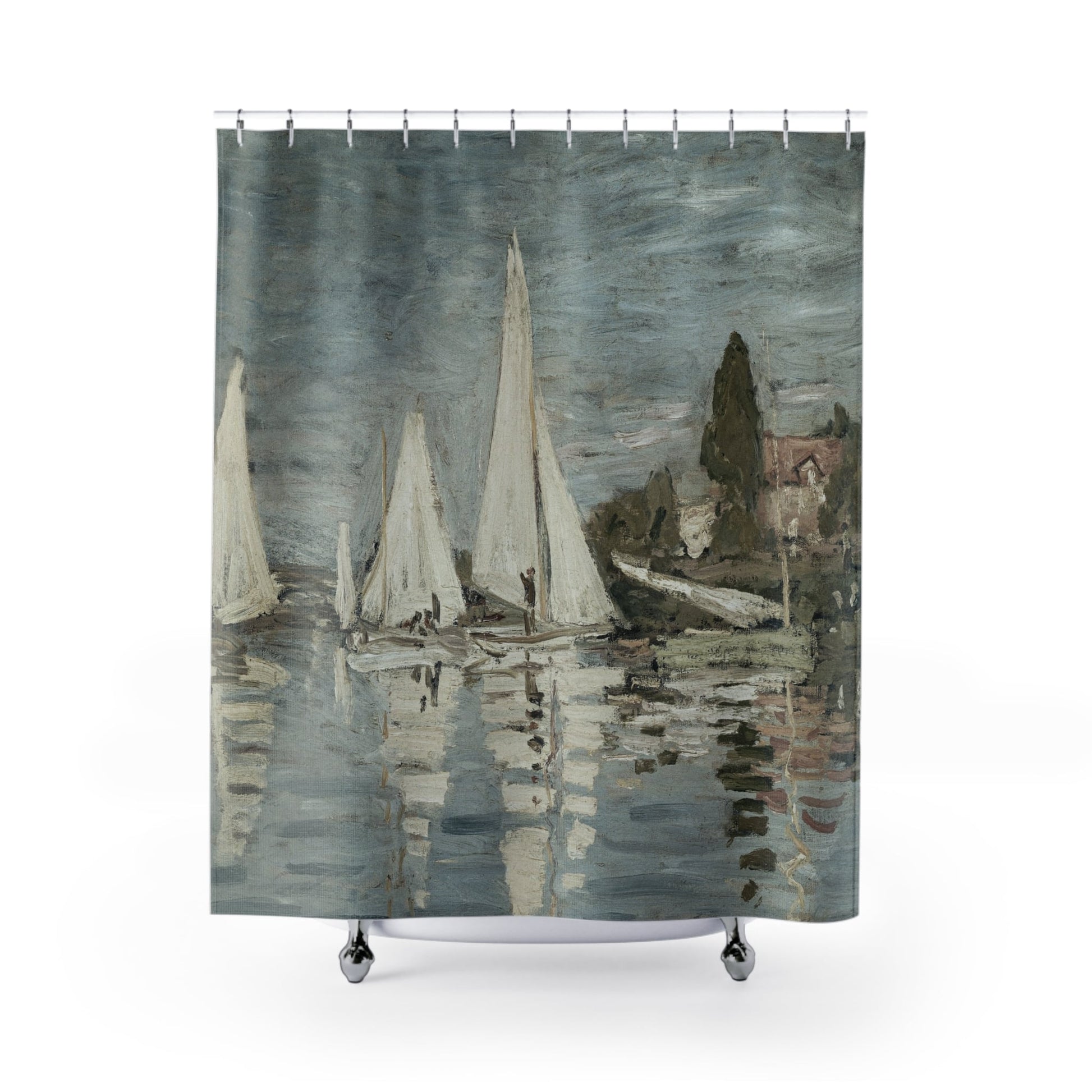 Nautical Shower Curtain with sail boats design, coastal bathroom decor featuring a nautical theme.