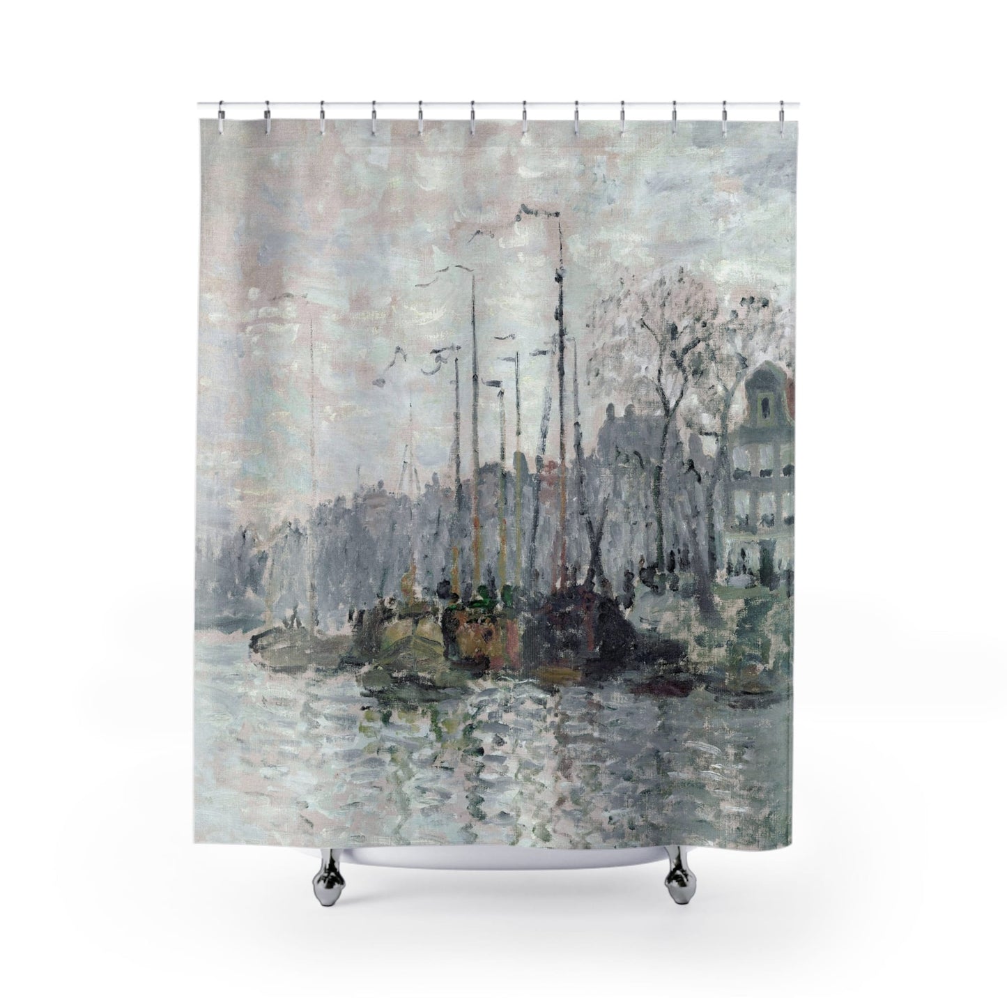 Nautical Shower Curtain with seascape and city design, marine-themed bathroom decor featuring coastal city views.