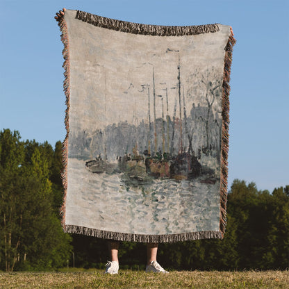 Nautical Woven Blanket Held on a Woman's Back Outside
