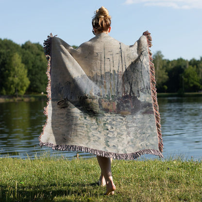 Nautical Woven Blanket Held Up Outside