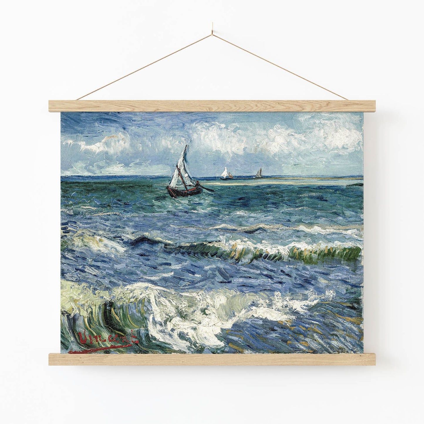 Ocean Painting Art Print in Wood Hanger Frame on Wall