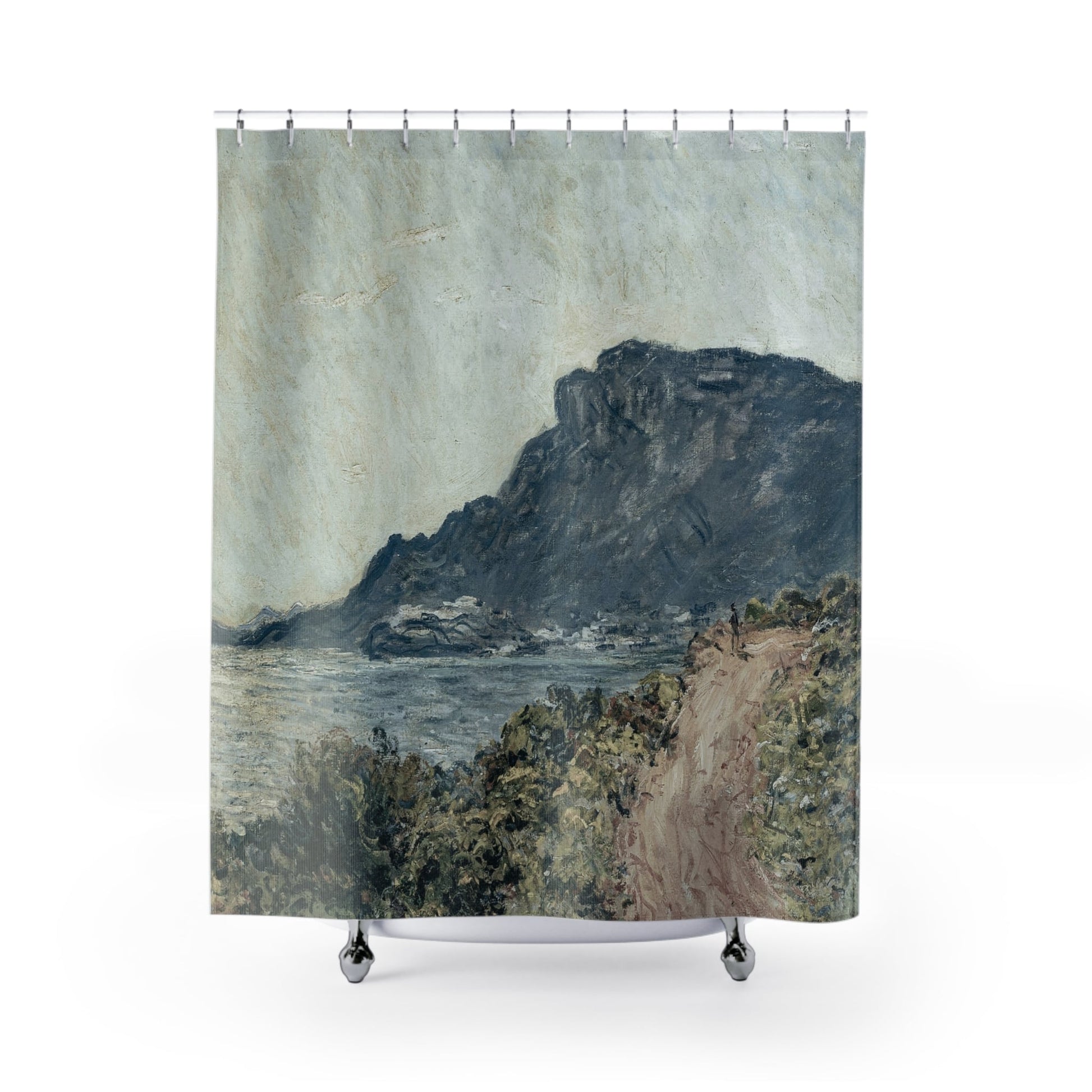 Ocean Scenery Shower Curtain with beach design, marine-themed bathroom decor showcasing picturesque beach views.