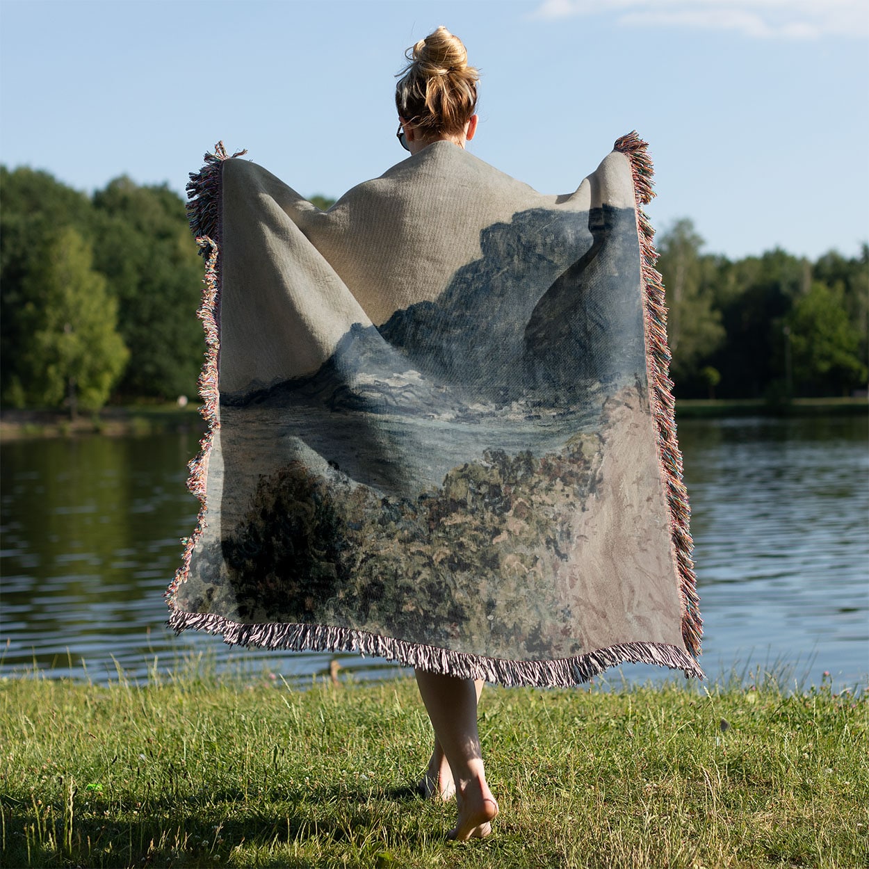 Ocean Scenery Woven Blanket Held Up Outside