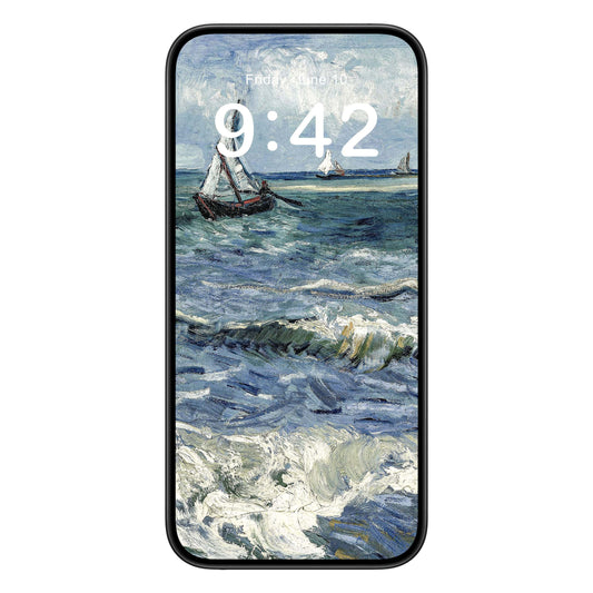 Ocean phone wallpaper background with sail boat design shown on a phone lock screen, instant download available.
