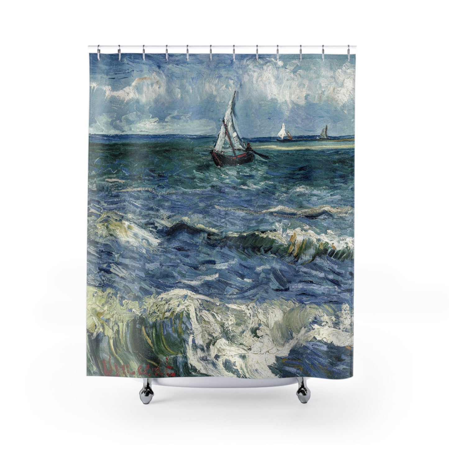 Ocean Shower Curtain with sail boat design, nautical bathroom decor featuring serene ocean scenes.