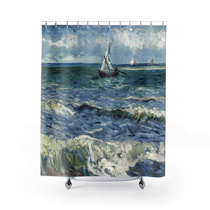 Ocean Shower Curtain with sail boat design, nautical bathroom decor featuring serene ocean scenes.