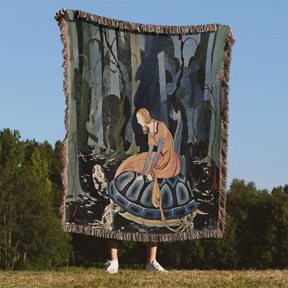 Old Book Woven Blanket Held on a Woman's Back Outside