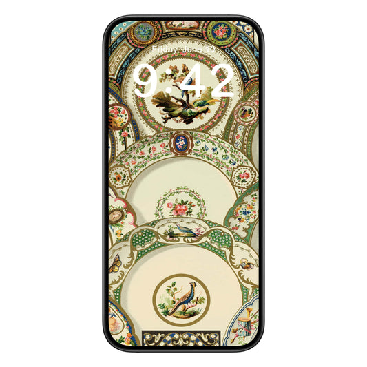 Old Plates phone wallpaper background with ornamental plates design shown on a phone lock screen, instant download available.