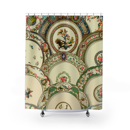 Old Plates Shower Curtain with ornamental plates design, classic bathroom decor featuring intricate plate patterns.