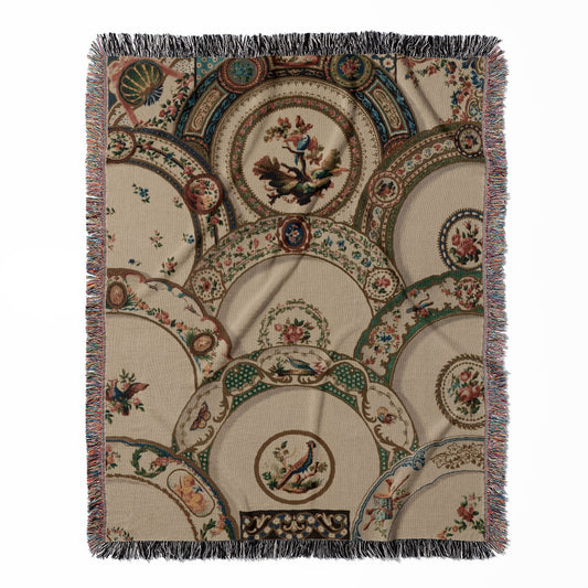 Old Plates woven throw blanket, crafted from 100% cotton, delivering a soft and cozy texture with an ornamental plate pattern for home decor.