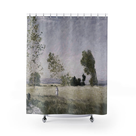 Impressionist Landscape Shower Curtain with Claude Monet design, artistic bathroom decor featuring Monet's landscape paintings.