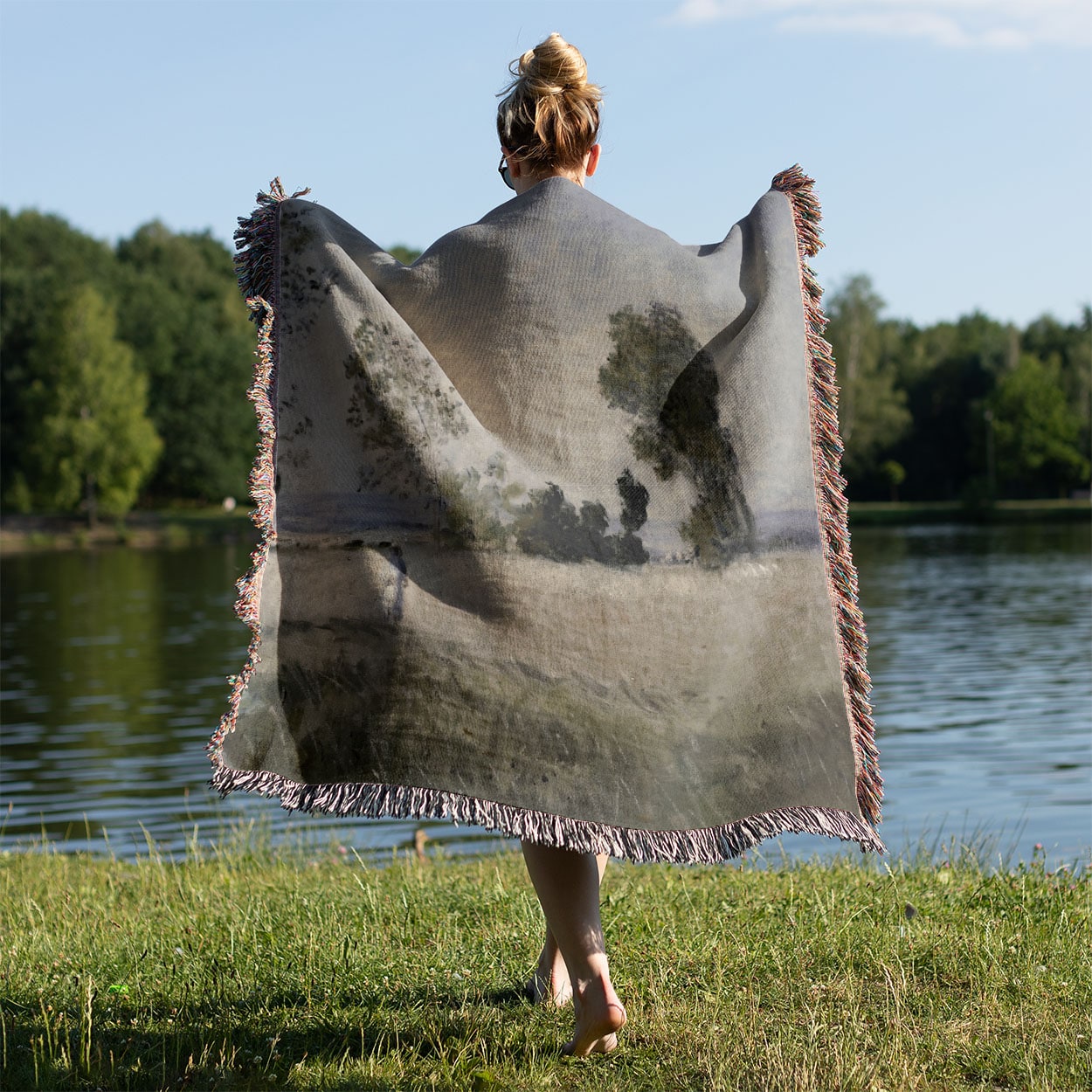 Old-Timey Get Away Woven Blanket Held Up Outside