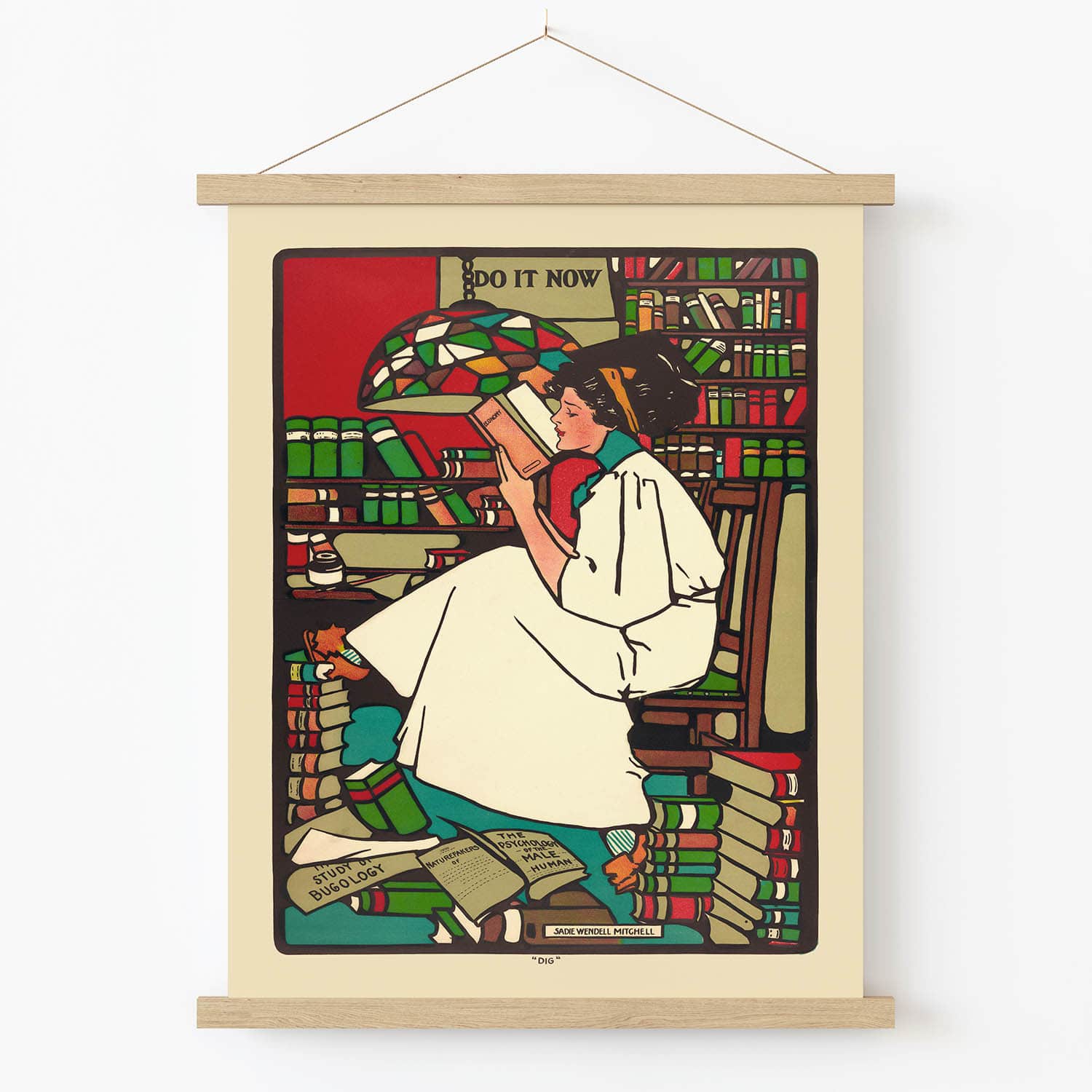 Painting of a Woman Reading Art Print in Wood Hanger Frame on Wall