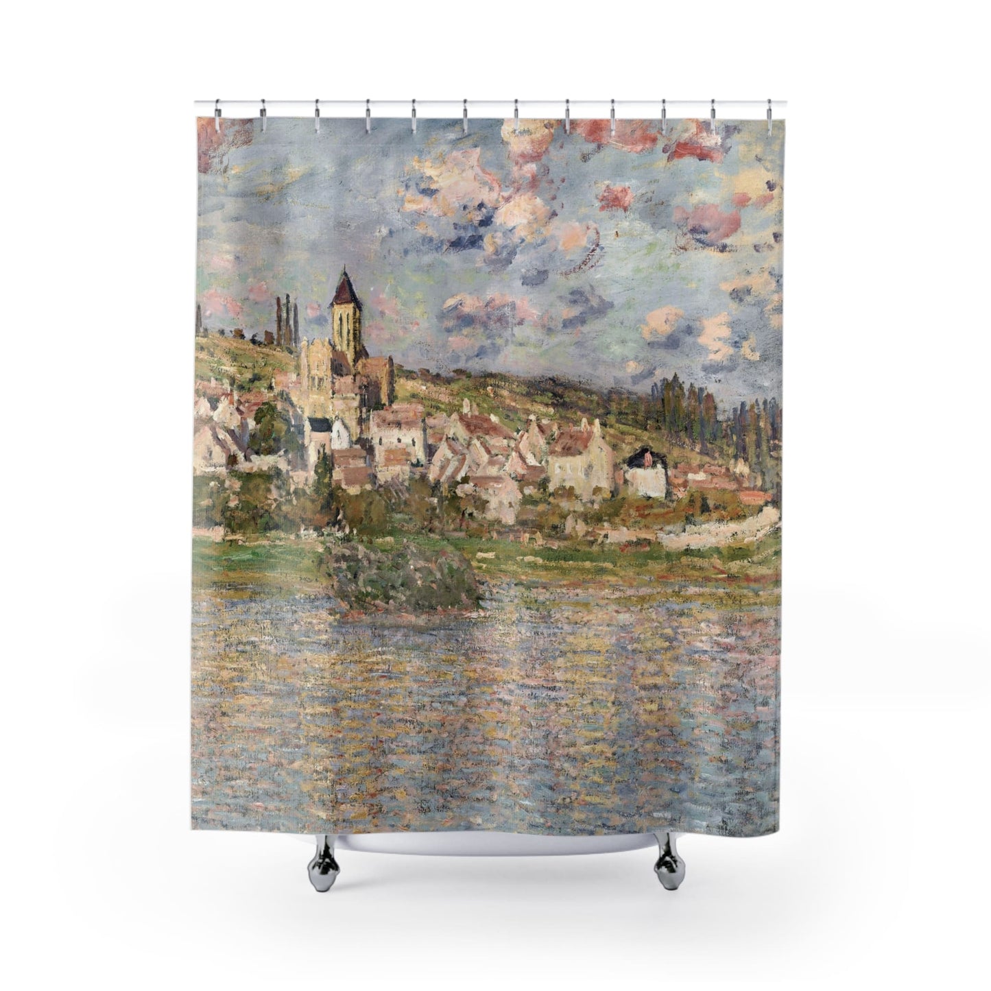 Paris Landscape Shower Curtain with Seine River design, scenic bathroom decor showcasing picturesque Parisian views.