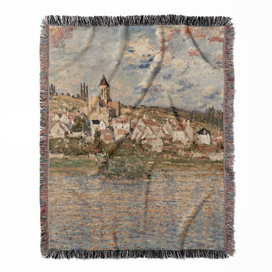 Paris Landscape woven throw blanket, made of 100% cotton, featuring a soft and cozy texture with a Seine river theme for home decor.
