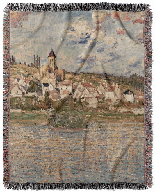 Paris Landscape woven throw blanket, made of 100% cotton, featuring a soft and cozy texture with a Seine river theme for home decor.