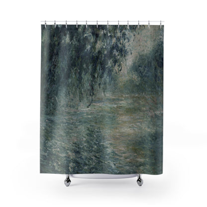 Peaceful Green Shower Curtain with relaxing landscape design, tranquil bathroom decor showcasing serene green landscapes.