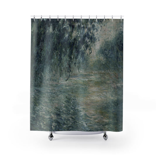 Peaceful Green Shower Curtain with relaxing landscape design, tranquil bathroom decor showcasing serene green landscapes.