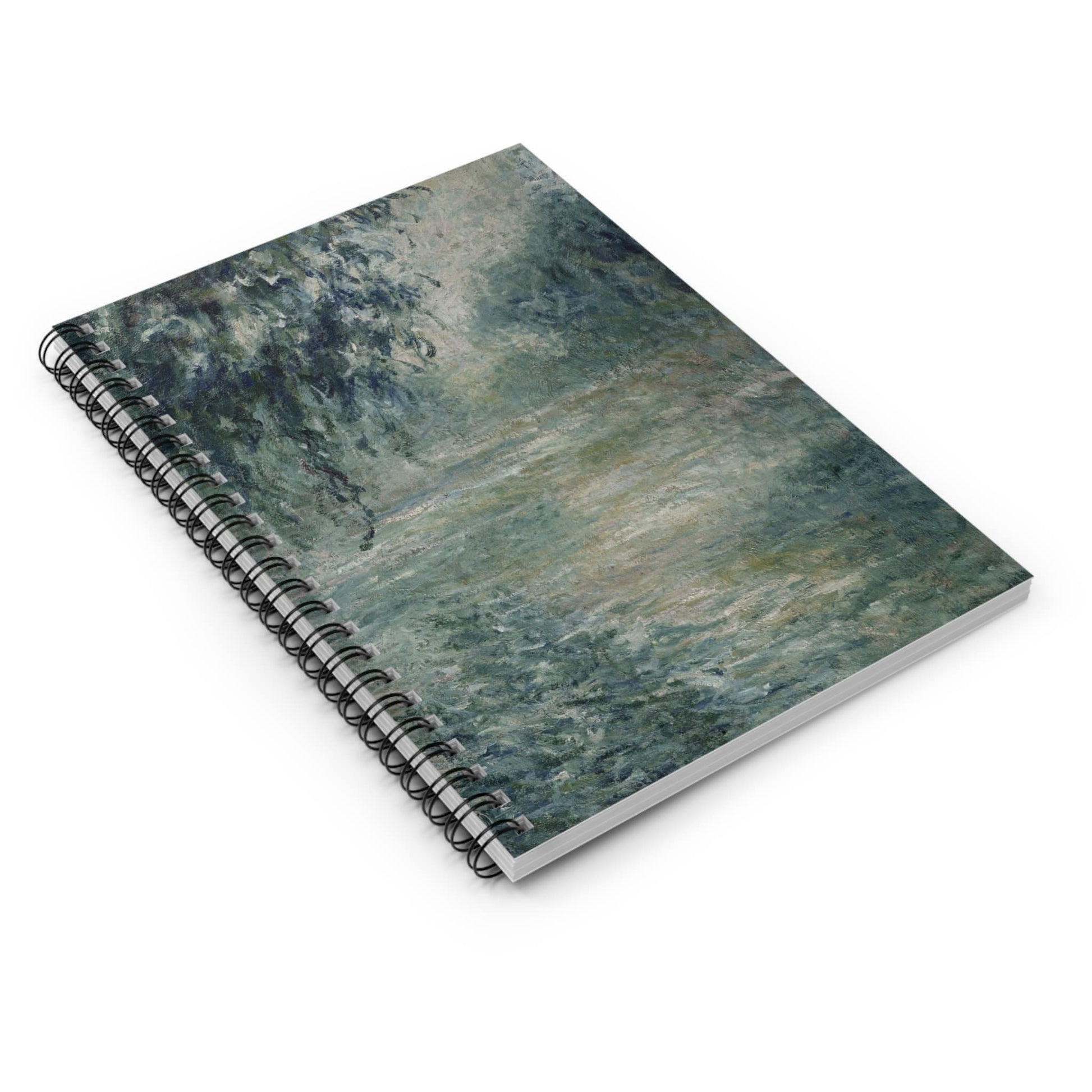 Peaceful Green Spiral Notebook Laying Flat on White Surface