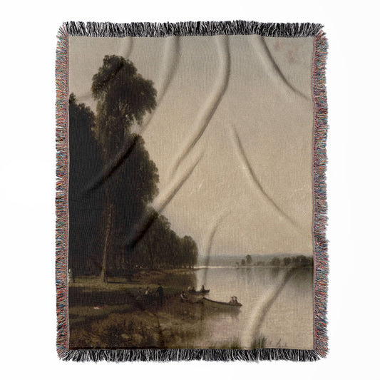 Peaceful Landscape woven throw blanket, made of 100% cotton, providing a soft and cozy texture with an antique lake design for home decor.