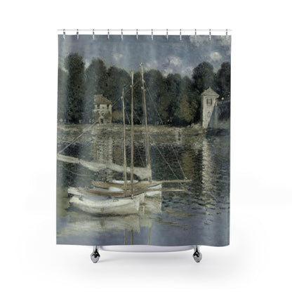 Peaceful River Shower Curtain with sage green design, nature-inspired bathroom decor featuring tranquil river scenes.