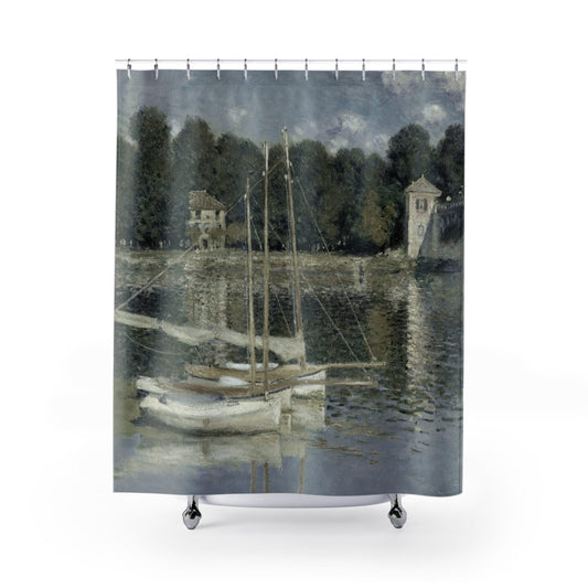 Peaceful River Shower Curtain with sage green design, nature-inspired bathroom decor featuring tranquil river scenes.