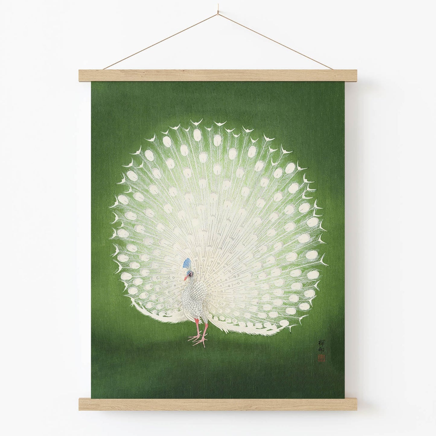 Peacock Feathers Art Print in Wood Hanger Frame on Wall