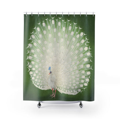 Peacock Feathers Shower Curtain with emerald green design, stylish bathroom decor showcasing intricate peacock feathers.