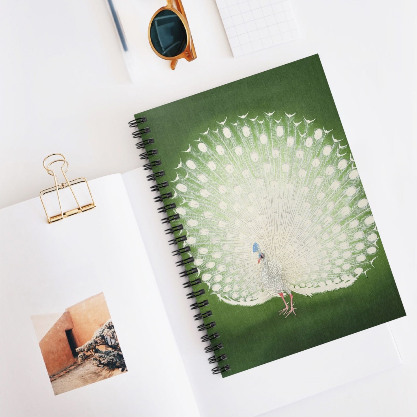 Peacock Feathers Spiral Notebook Displayed on Desk