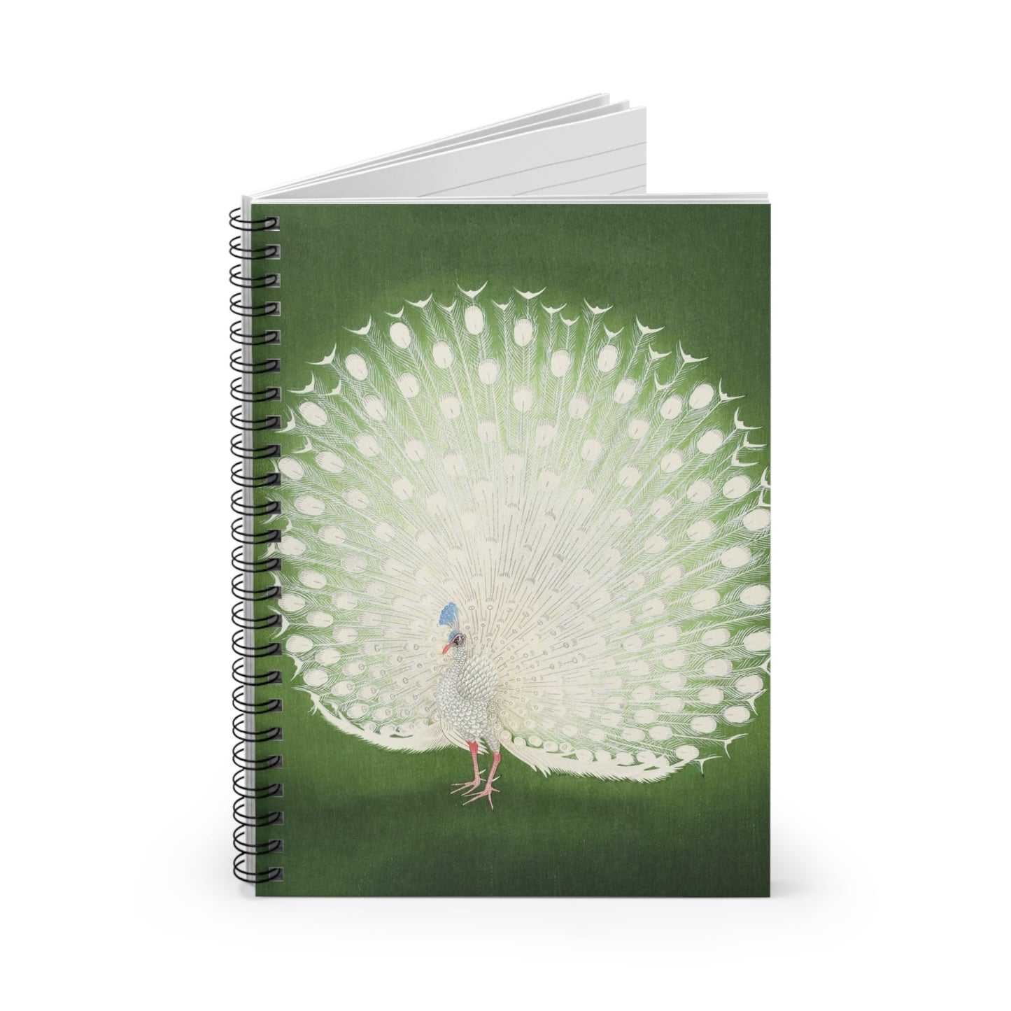 Peacock Feathers Spiral Notebook Standing up on White Desk