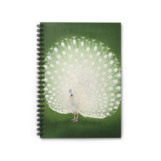 Peacock Feathers Notebook with emerald green cover, perfect for journaling and planning, showcasing beautiful peacock feather illustrations.